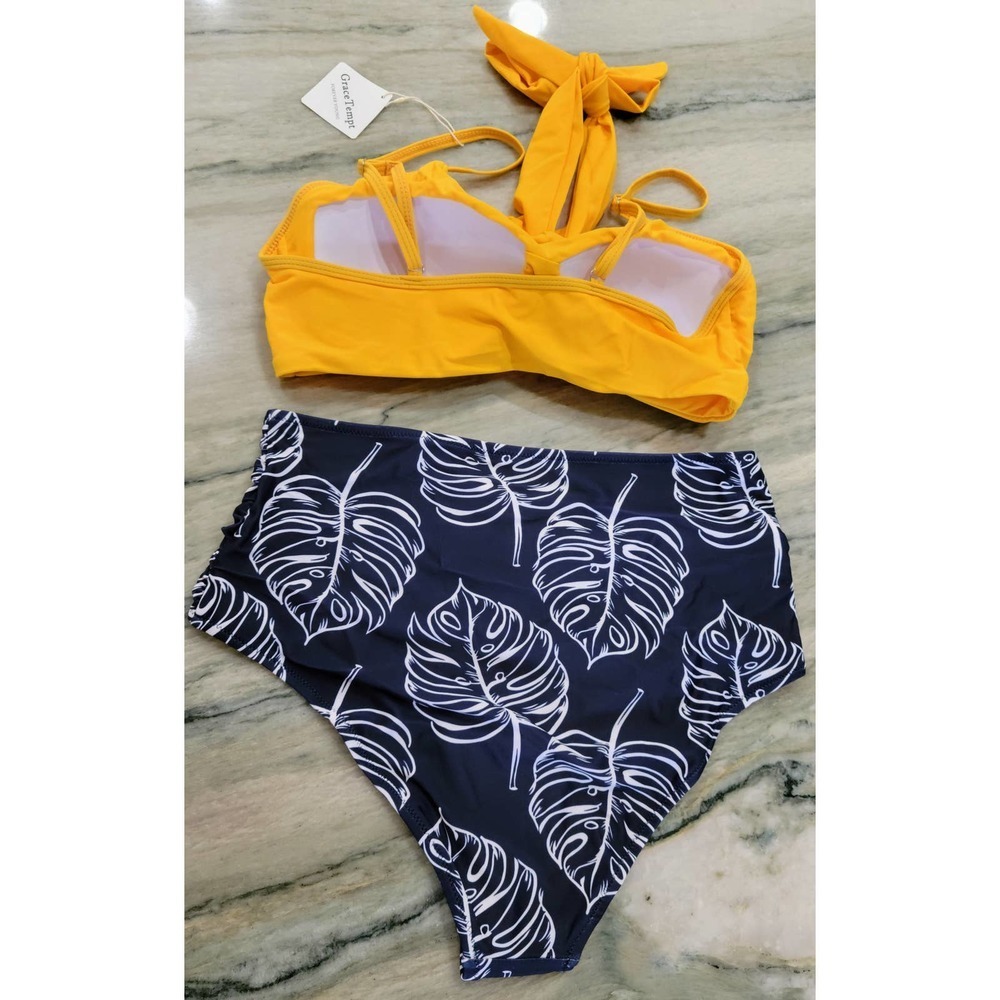 Grace Tempt Two Pc High Waisted Bikini Yellow Navy Blue Molded Padded Bra XL NWT - Picture 6 of 10